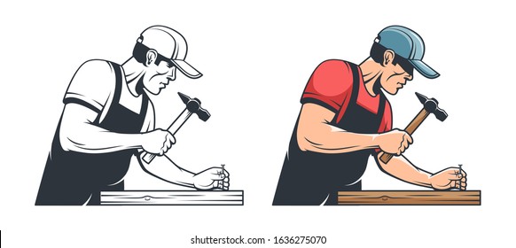 Repairman carpenter hammering a nail - retro illustration. Handyman with hammer - vintage vector image.