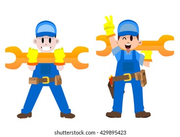 Repairman carry big wrench