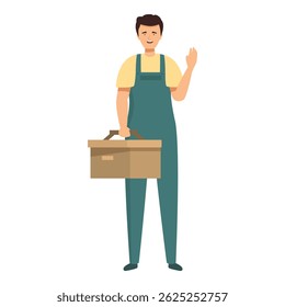 Repairman carrying a toolbox is waving his hand, ready to start a new job