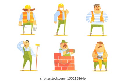 Repairman Cartoon Characters Set, Cheerful Construction Workers in Uniform and Hardhats with Professional Equipment Vector Illustration