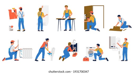 Repairman. Cartoon Workmen Making Renovation. Building Brigade Painting And Gluing Wallpaper. Plumbers Fixing Leaking In Pipes Or Cleaning Plumbing. Men Repairing Household Appliances, Vector Set