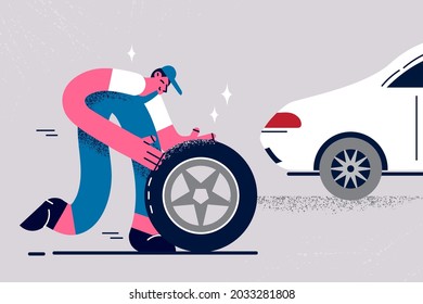 Repairman and changing car wheels concept. Young worker in uniform and cap changing wheel for white car of client in salon vector illustration 