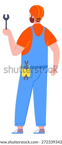 Repairman character. Man hold spanner tool icon
