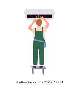 Repairman checking air conditioner, fixing or installing spare part with wrench standing on ladder