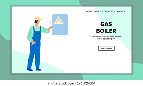 Repairman Checking Gas Boiler Equipment Vector. Heating Gas Boiler Check, Technician Service Worker. Character Boy In Examining And Repair Tool, Maintenance Job Web Flat Cartoon Illustration