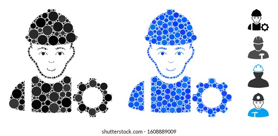 Repairman composition of small circles in various sizes and color hues, based on repairman icon. Vector small circles are organized into blue illustration.