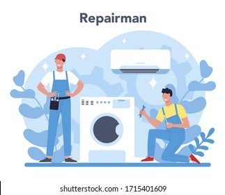 Repairman concept. Professional worker in the uniform repair electrical home appliance with tool. Repairman occupation. Isolated vector illustration