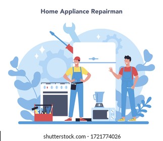 Repairman concept. Professional worker in the uniform repair electrical home appliance with tool. Repairman occupation. Isolated vector illustration