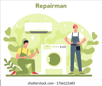 Repairman concept. Professional worker in the uniform repair electrical home appliance with tool. Repairman occupation. Isolated vector illustration