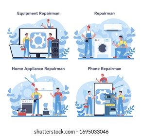 Repairman concept set. Professional worker in the uniform repair electrical home appliance with tool. Repairman occupation. Isolated vector illustration