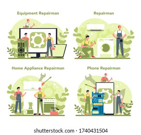 Repairman concept set. Professional worker in the uniform repair electrical home appliance with tool. Repairman occupation. Isolated vector illustration