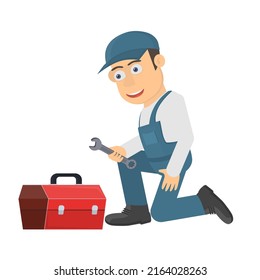 Reparador. Trabajador de la construcción con un conjunto de herramientas, ilustración vectorial