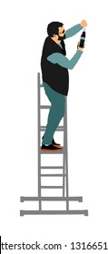 Repairman with cordless drill in hand vector illustration isolated on white. Handyman on ladders working on wall hole. Carpenter handle activity on renovation home before move in. Hard worker on job.