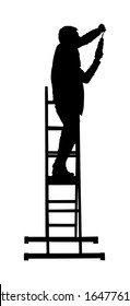 Repairman with cordless drill in hand vector silhouette isolated on white. Handyman on ladders working on wall hole. Carpenter handle activity on renovation home before move in. Hard worker on job.