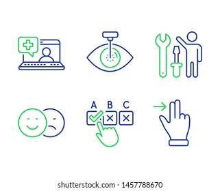 Repairman, Correct checkbox and Eye laser line icons set. Medical help, Like and Touchscreen gesture signs. Repair screwdriver, Answer, Optometry clinic. Medicine laptop. People set. Vector