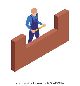 Reparman haciendo mediciones con nivel de construcción antes de la instalación de la ventana pvc Icono isométrico ilustración vectorial
