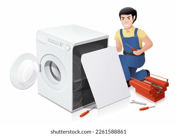 A repairman is doing repairs on a disassembled washing machine