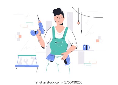 Repairman with drill vector illustration. Repairer in boilersuit holding perforator flat style design. Home interior. Apartment repair and renovation concept. Isolated on white background