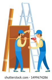 Repairman drilling screw in locker, manual furniture assembly. Craftsman in uniform and cabinet, wooden object, renovation symbol, electronic tool. Vector illustration in flat cartoon style