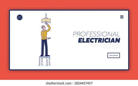 Repairman and electrician service website template for landing page with handyman working changing light bulb in ceiling lamp. Cartoon linear vector illustration