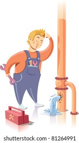 Repairman is embarrassed while looking at the waterpipe. It looks like he is a beginner at the plumbing service.