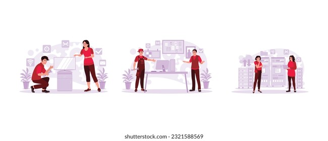 The repairman fixes the tv. Young technician repairing an employee's computer and two female engineers working in the data center room. Trend Modern vector flat illustration.