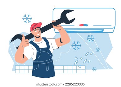 Repairman fijando el acondicionador de aire, ilustración vectorial de caricatura plana aislada en fondo blanco. Mantenimiento y reparación del diseño de banners de los acondicionadores de aire.