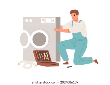 Repairman fixing broken washing machine. Plumber repairing washer. Electrician working with home appliance. Flat vector illustration of professional worker isolated on white background