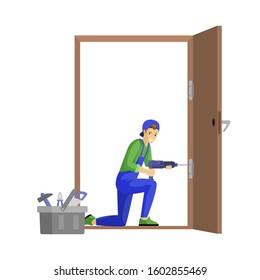 Repairman fixing door flat vector illustration. Professional workman fitting door hinge using electric drill cartoon character. Young carpenter, craftsman at work isolated on white background