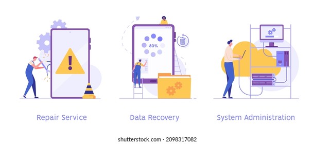 Reparateur-Telefon mit Wartung mit Warnzeichen. IT Service Controlling Telefonsystem und mobile App. Systemadministrator, der sich mit dem Netzwerk verbindet. Satz von Vektorgrafiken für Webdesign