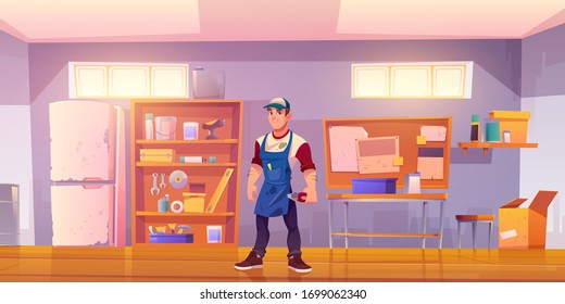 Repairman in garage with equipment for carpentry and repair works. Vector cartoon mechanic or builder in workshop or storeroom with construction tools, table and shelves with instruments