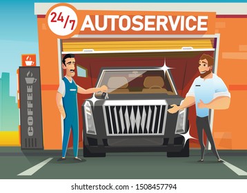 Repairman Giving Keys to Car Owner after Repair. Round-the-Clock Automotive Service. Shiny Black SUV in Garage. Maintenance and Scheduled Checkup, Diagnosis. Vector Flat Cartoon Illustration