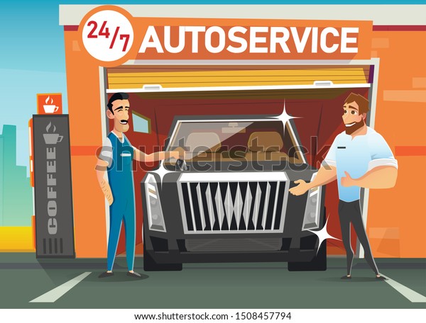Repairman Giving Keys to Car Owner after
Repair. Round-the-Clock Automotive Service. Shiny Black SUV in
Garage. Maintenance and Scheduled Checkup, Diagnosis. Vector Flat
Cartoon Illustration