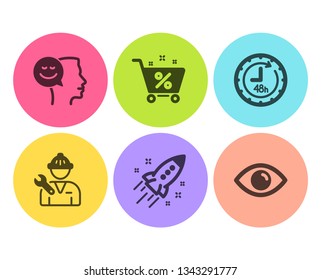 Repairman, Good mood and Loan percent icons simple set. Startup rocket, 48 hours and Eye signs. Repair service, Positive thinking. Technology set. Flat repairman icon. Circle button. Vector