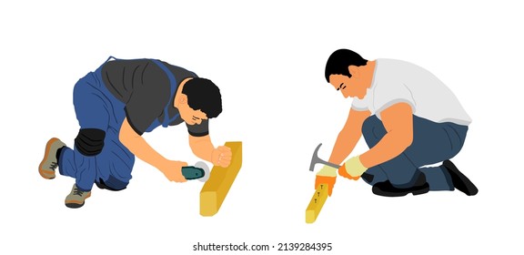 Repairman with hammer nails a nail vector illustration isolated on white background. Handyman repair with gavel. Construction worker man knock in wood. Carpenter grinder cut wood beam home renovation.