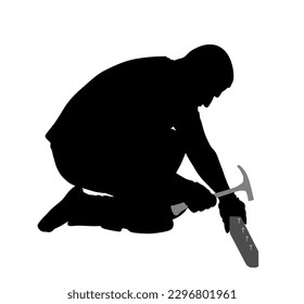 Repairman with hammer nails nail vector silhouette illustration isolated on white background. Handyman repair with gavel. Construction worker man knock wooden beam. Carpenter home renovation. Hard job