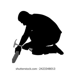 Repairman with hammer nails nail vector silhouette illustration isolated on white background. Handyman repair with gavel. Construction worker man knock wooden beam. Carpenter home renovation. Hard job