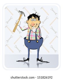 Repairman With Hammer: The vector illustration of the Construction Worker holding a hammer and ready to work. Let's build something! No problem, I can do! 