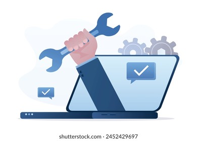 Repairman hand coming out of laptop screen and holding wrench. Concept of technician, engineer, IT support. Repair and maintain operating systems and electronics. flat vector illustration