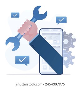 Repairman hand coming out of smartphone screen and holding wrench. Concept of technician, engineer, IT support. Repair and maintain mobile phones, devices and electronics. flat vector illustration