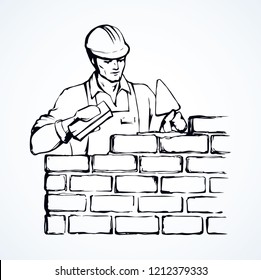 Repairman handyman guy build up new layer level on white background. Line black drawn craftsman stonemason skill diy labor icon sign sketch in retro art doodle cartoon style on paper space for text