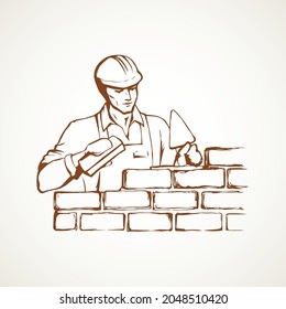 Repairman handyman guy build up new layer level on white background. Line black drawn craftsman stonemason skill diy labor icon sign sketch in retro art doodle cartoon style on paper space for text