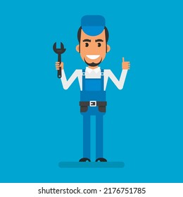 Repairman holding adjustable wrench and showing thumbs up. Flat people. Vector Illustration