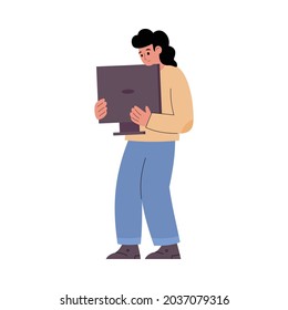 Repairman holding broken computer display, cartoon flat vector illustration isolated on white background. Repair of computers and home video equipment.