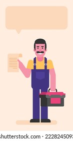 Repairman sostiene documento y maleta con herramientas. Gente plana. Ilustración del vector