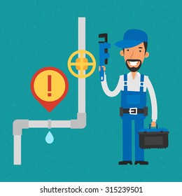 Repairman holding pipe wrench and smiling