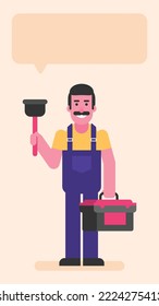 Repairman holding plunger and suitcase with tools. Flat people. Vector illustration