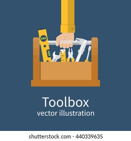 Repairman holding toolbox. Vector illustration flat design style. Hand with instrument isolated. Concept of repair services. Set instrument builder, handyman.