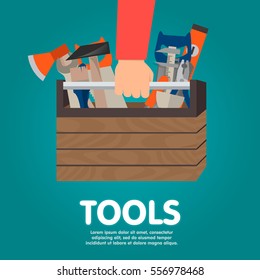Repairman holding toolbox. Vector illustration flat design style. Hand with instrument isolated. Concept of repair services. Set instrument builder, handyman.
