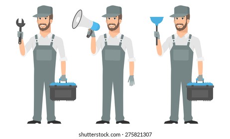 Repairman holding tools wrench megaphone plunger